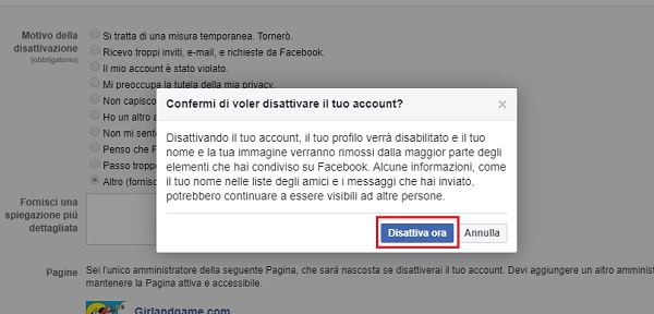 disattivare il tuo account facebook